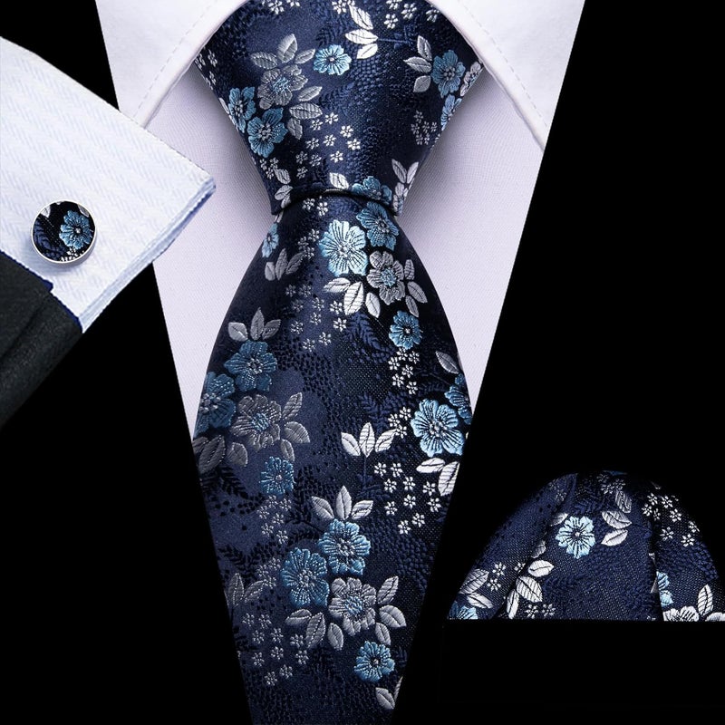 Barry.Wang Store Flower Ties for Men Handkerchief Cufflinks Set Wedding Necktie Set Party - Image 2